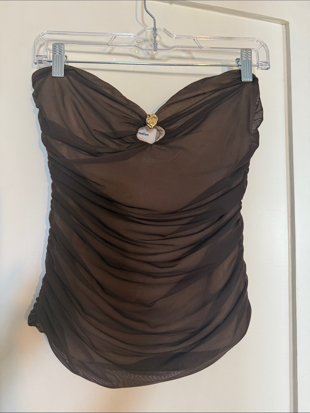 Reformation Brown Strapless Ruched Mesh Camisole with Keyhole & Gold Accent